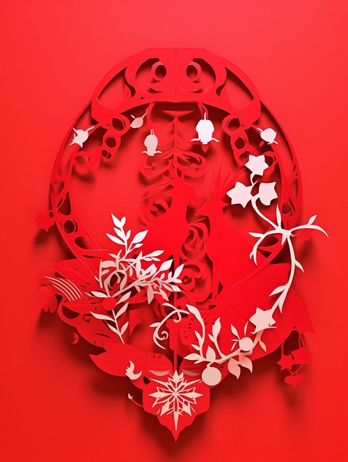 Paper-cut work, Christmas theme, Red background, Red and green, Festive atmosphere ar 5:7