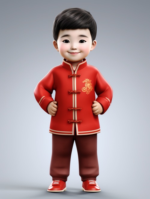 A 6 year old Asian boy wearing long sleeve red clothes, New Year greetings, round face, fair skin, whole body, whitebackground, beaming, cartoon, best detail, HD, 3D render, blender, high resolution s400 style expressive