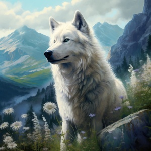 春天，绿色，山峰，白色的狼，蓝色眼睛，圆月，梦幻