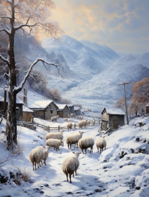 大山古村雪景中的羊群：超写实油画大师作品