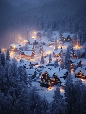 雪后的山村万家灯火,厚厚的积雪,真实高清,漫山松树林，莱卡摄影，高清画质，近景