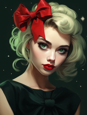 精致妆容，化妆的脸，宝石眼，红唇1girl, artist_name, blonde_hair, bow, chalkboard, earrings, green_background, green_bow, green_eyes, green_hairband, green_ribbon, green_theme, hair_bow, hairband, jewelry, looking_at_viewer, realistic, red_lips, short_hair, sleeveless, solo, upper_body, watermark, web_address