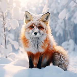 橘红色红狐狸在雪地里站起来的可爱多彩动画