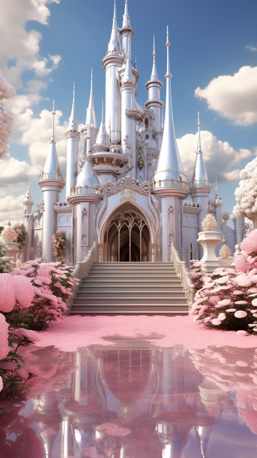 Dream Garden, Dream Castle, Dream Gold Rose,an epic GG,Unreal Engine,ar9:16-Upscaled by Sky Rainbow Glow, Cat, Pink Rose Clouds, Silver Crystal Castle, Garden on Cloud, Ambient Light, Overall Pink and White, Sunshine, Sparkle, Spectacular, Fairy Tale, Dreamy, No Blue， 8k A