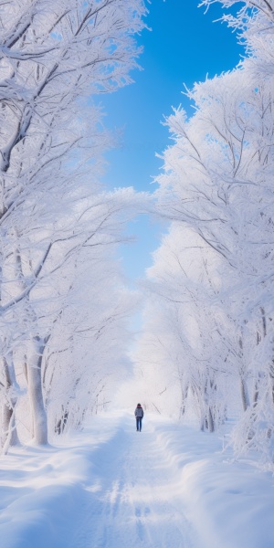 东北漠河极寒地区雪景，整齐高大的树全被雪裹着，大地厚厚的积雪，一个人行走在雪地里。##Y75gLSPUx##PAGE
