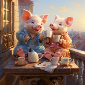 阳台上的小猪喝茶