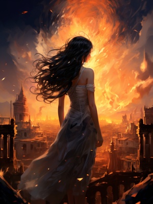 黑发素裙少女，燃烧之城中迎浴火凤凰