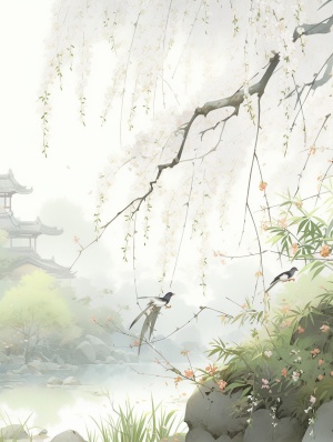 春天的中国山水画与插画风景