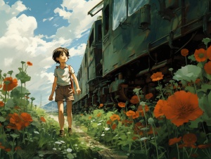 鲜花，火车，绿地，宫崎骏风格，一个穿背心短裤的小男孩