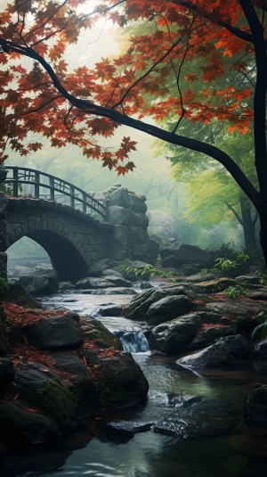 枫叶落叶石拱桥小河树木薄雾伤感近景拍树超级细节