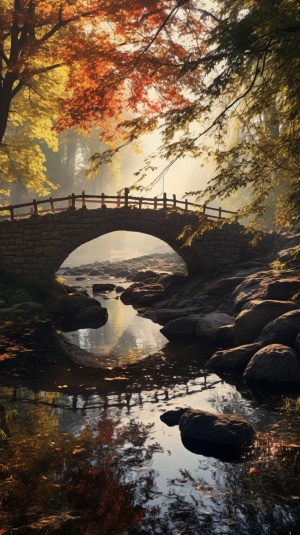 早晨的枫叶与落叶下的石拱桥