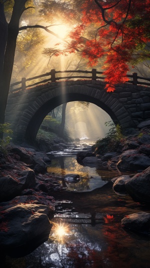 早晨的枫叶与落叶下的石拱桥