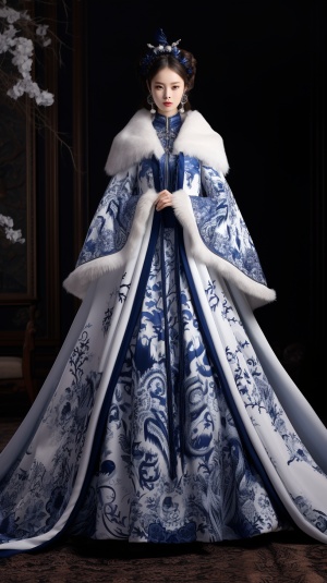中国元素的冬狐皮大领长斗篷和美丽复古连衣裙