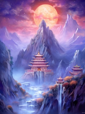 the moon at the moonlight, galaxy，waterfall,chinese moon, valley ghd, full moon wallpaper, moon palace wallpaper,light pink and pink,in the style of light gold and gold, [tanya shatseva], buddhist art and architecture, [noah bradley], neo-traditional japanese, himalayan art, calm and meditative