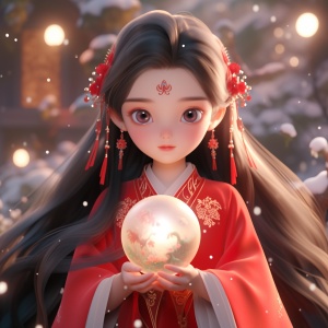 可爱中国女孩穿红汉服，捧金元宝望天空