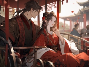 一个女人和一个男人，穿精致汉服，在京城街道上，坐在马车里面，脸部细节，高质量，最佳画质
