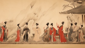 水墨画 唐代 皇宫 身着汉服， 戴官帽的男人，与宫女跳舞，喝酒