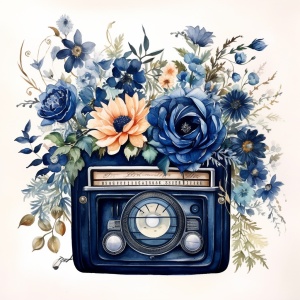 复古唱片与深蓝色老式收音机的水彩画