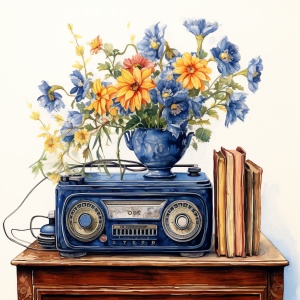 复古唱片、深蓝色的老式收音机、蓝色的花，水彩画