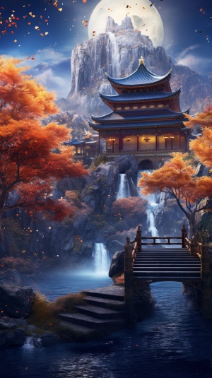 A super dreamy Chinese ancient CG rendering has a brook, a small bridge, flowing water, ancient buildings in the south of the Yangtze River, 4k pavilions, complete and exquisite details of buildings, maple leaves in autumn, blue waterfalls, midnight, 4k, huge transparent moon in the sky, starry sky, stars shining, movie shooting, megapixel, movie lighting, bioluminescence, volume light, light effects, light smoke, fairyland, illusory engine, octane rendering, super wide-angle, Overlooking, 16k hd