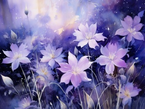 浅紫色的花丛，仙境一般，水彩