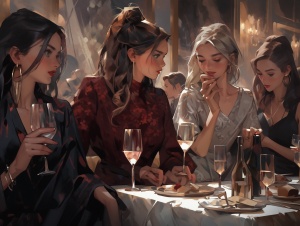 一群女人，站着，穿着奢侈品衣服，豪华，在宴会上交谈喝红酒，大视角