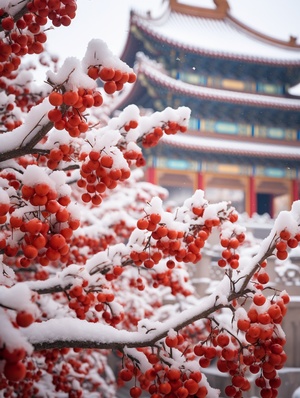 大雪梦紫禁，特写树叶景深