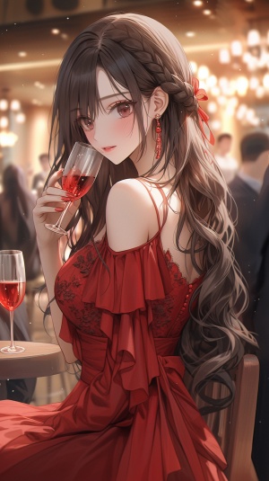 梦幻唯美的侧面照：女孩身穿浅色雪纺礼服裙，手端红酒杯
