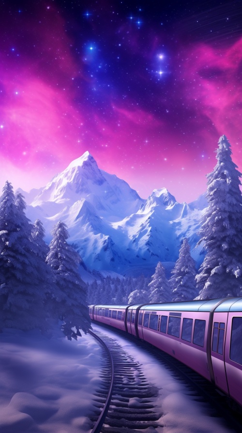 Pink aurora in white snow, Small trains, crowds,snow mountain,river snowstorm,colorful stars twinkling,Unreal Engine, 4k HD. 8k