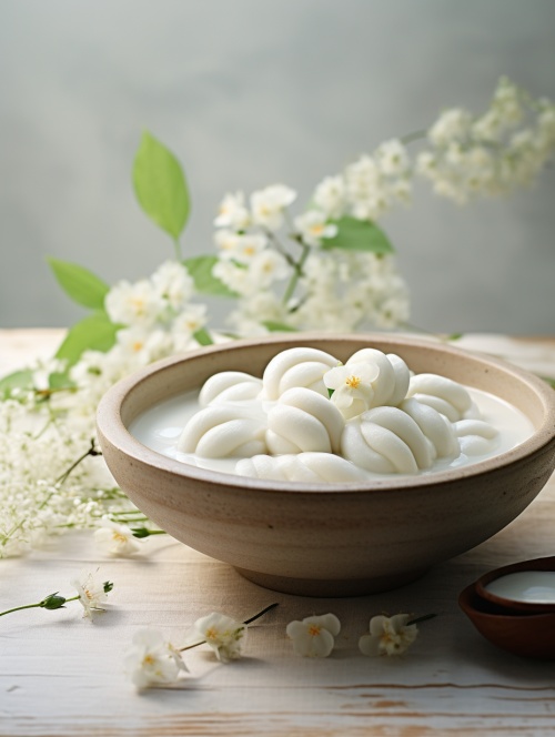 There are white round dumplings in thebowl., Lovely, Cinematic elegance, duy huynh, white, Calm and serene beauty, Yukimasa Ida, charming ar 9:16-chaos20niji 5s 400