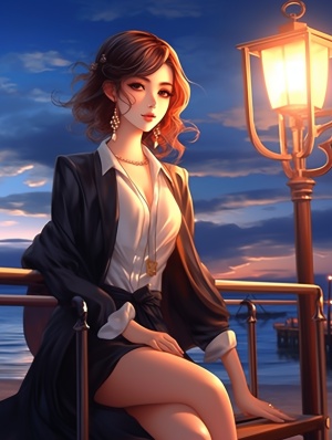 full-body shot,Anime style, exquisite face,Earrings,popular, female, harmonious limbs, lighting, showcasing delicate figure and graceful curves, with natural and beautiful posture, by the beautiful seaside,8k ar 3:4