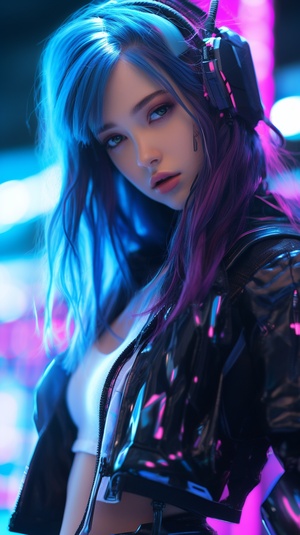 attractive young female, beautiful model, long flowing black blue pink hair, cyberwear, retro-cyberpunk technological equipment & accessories, cute anime cyberpunk girl aesthetics, glamour, insanely detailed and intricate, hypermaximalist, sharp, focused, elegant, hyper realistic, super detailed, Glowing Lights, Low Angle Fully Body Shot, Dynamic Action Pose, Award winning Movie Poster, visible pores, highly detailed realistic eyes, cyberpunk style Costume with high quality fabric, intricate beautiful face,