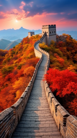 Beautiful great wall of China, autumn scenery, clouds, mountains of maple leaves, realistic photos, HD details, lifelike, 4K,HD