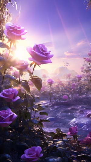 Ultra wide-angle vision, breath of spring, vibrant plants, music lights, purple roses around, sun rays, wallpaper effects, CG rendered HD pictures, 8k, HD
