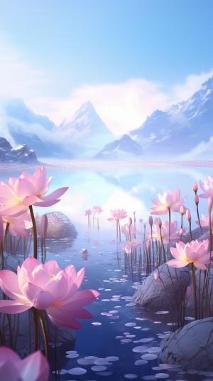 A beautiful picture, pink snow lotus flowers are blooming in the snow on the mountain, and the flowers are wrapped in crystal clear ice and snow, moonlight, hazy beauty, wide-angle lens, film lights, soft colors, ultra clear picture quality, and enhance the realism of painting, 8K , HD ,ureal ar 9:16
