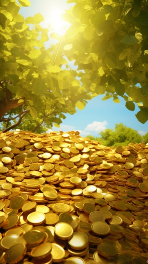 A vacant lot on the growth of several trees, trees covered with golden fruit, leaves are green, clearly visible, under the tree covered with a lot of golden coins. The Sky is bright and sunny,HD ar 9:16