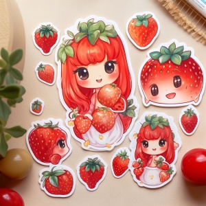 可爱的kawaii贴纸-红色草莓、斑驳笔触与浪漫人物的高细节风格