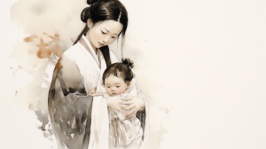 水墨画中的白裙少女抱婴儿