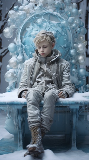 男孩在白雪皑皑的长凳上