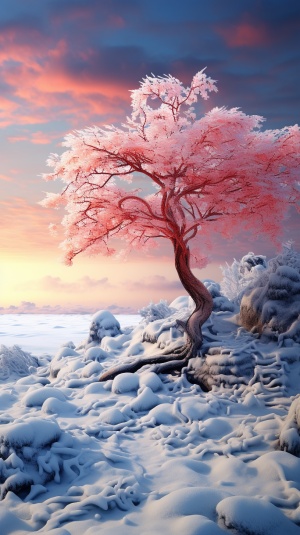 冬天的冰条挂在古树上，积雪压在树枝上，背景是七彩祥云天空，高清，真实高清，高品质，真实的铃兰花，远景拍摄，超广角拍摄 ，超现实，神秘感。