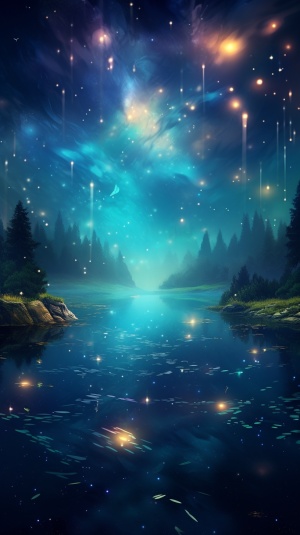 梦幻的湖边，漫天飞舞的萤火虫，淡淡的极光，半透明的月亮，CG，梦幻宁静的感觉，