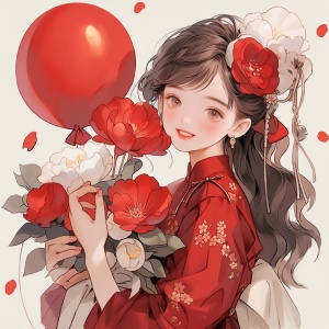 中国女孩穿着红色的气球和鲜花在动漫美学中的迷人草图