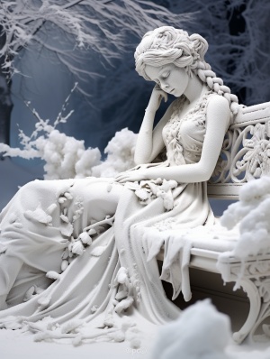 大雪，夜景，身上覆盖白雪，公园长椅，雪花堆砌在纯白美女人物雕塑，完全被白雪包裹的纯白色美女雕像，远距离拍摄