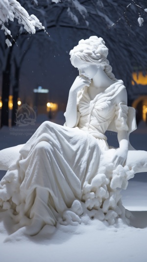 纯白美女雕像被大雪覆盖的夜景