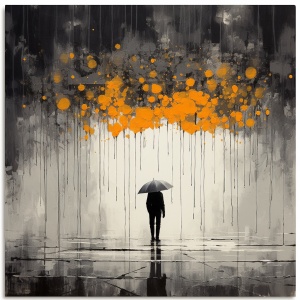 中国戏剧雨中雨伞雨人3海报，超现实主义建筑景观风格，点画艺术作品，灰色和琥珀色，森经，神秘背景，具象极简主义，大型画布