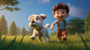 早晨小孩与小狗欢乐奔跑的皮克斯风格动画场景
