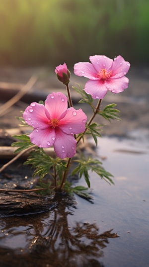 水洼上的粉色花朵风景