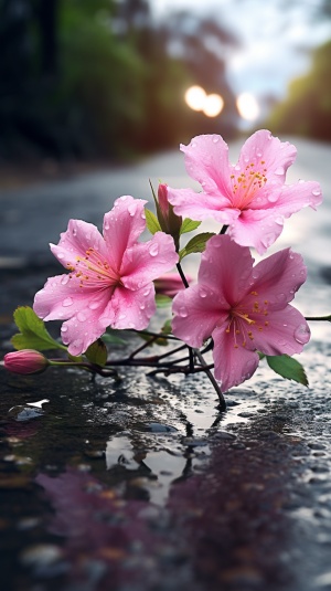 两朵粉色的花朵生长在雨路的水洼上，照片写实的风景风格，高清摄影，野生植物摄影技术，质朴美感，真实性和现实感