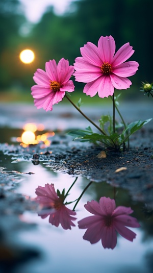 粉色花朵在雨路的水洼上倒影照片