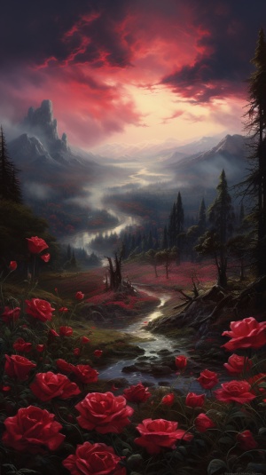 A real photographic landscape painting,Expansive view,Ominous sky,Red rose,Bright style,Light effect,Clearing,Clearing,Unreal engine,Thomas kinkade,artstation﻿